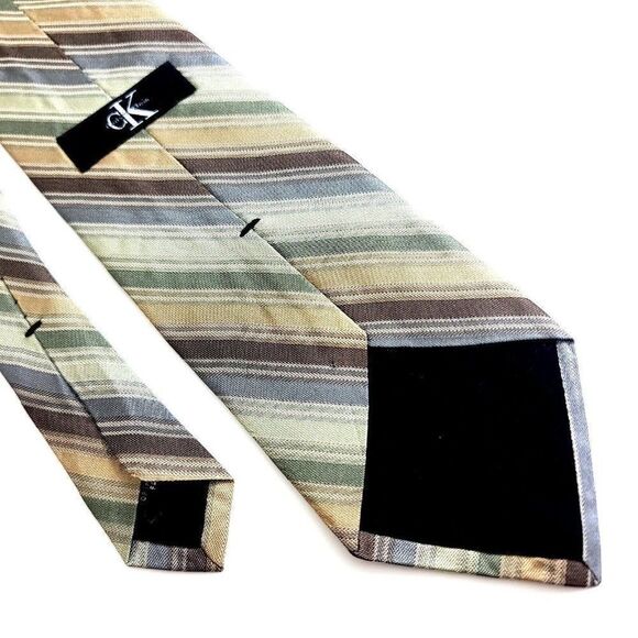 Calvin Klein Green Tan Multi-Colored Woven Striped Silk Tie - Picture 5 of 6